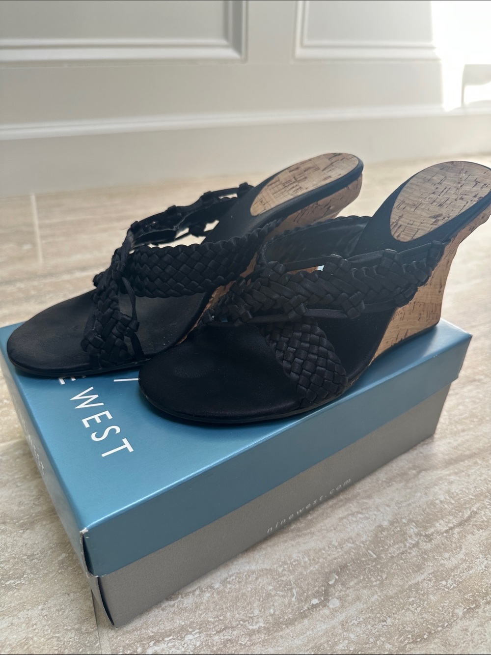 Nine West Black Braided Cork Wedge Sandals